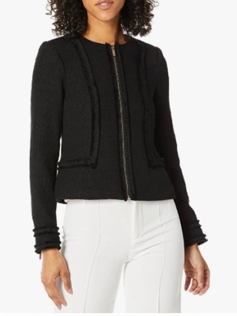 Karl Lagerfeld Paris Black Tweed Fringe Trim Zip Up Jacket Blazer Size 8
